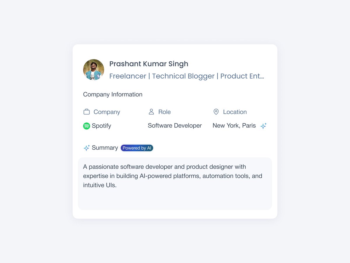 prashantworkss's tweet photo. Crafted a clean profile #cardui - blending role, company, AI summary, and location in one smart block. Open to thoughts!
#uidesign #productdesign #figma #buildinpublic #uiux https://t.co/zJsXWqbCkw
