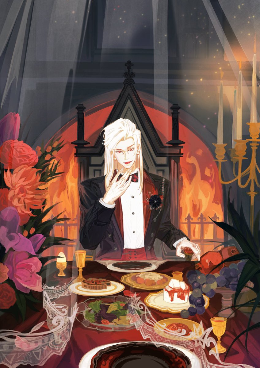 欲望入腹

伯爵准备开始享用他的盛宴
「我的新娘，今夜让我在你的身上留下印记。」
「不如猜猜我的手枪里，有没有银制子弹？」

这套衣服出来第一反应就是好吸血男爵 馋长发彻也很久了 遂搓
周年快乐 秦彻