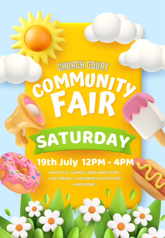 alligatorsmouth's tweet image. We can't wait for the Church Court Community Fair next Saturday (19th July)! Join us from 12pm-4pm fpr lots of fun including face painting, goodie bags, and much more. See you there!