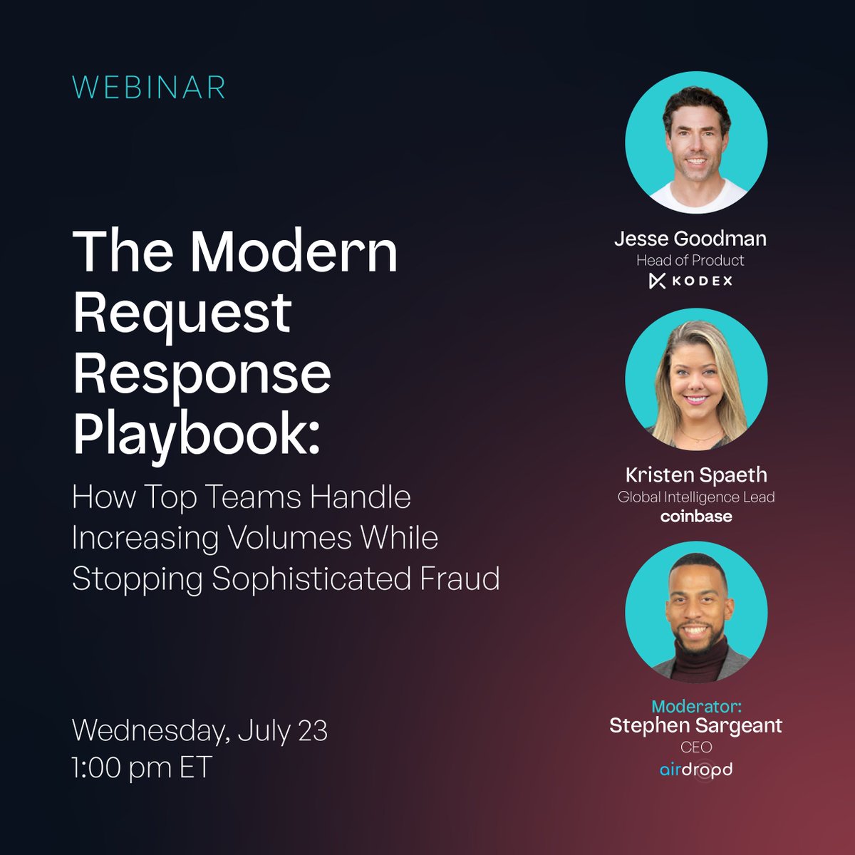 Kodex (@kodexinc) on Twitter photo Join leaders from <a href="/coinbase/">Coinbase 🛡️</a>, Airdropd, and Kodex as they give a BTS look into how elite teams are able to face 4,000+ law enforcement requests a year without breaking a sweat.
Sign up here: bit.ly/4nrhhBk Join leaders from <a href="/coinbase/">Coinbase 🛡️</a>, Airdropd, and Kodex as they give a BTS look into how elite teams are able to face 4,000+ law enforcement requests a year without breaking a sweat.
Sign up here: bit.ly/4nrhhBk
