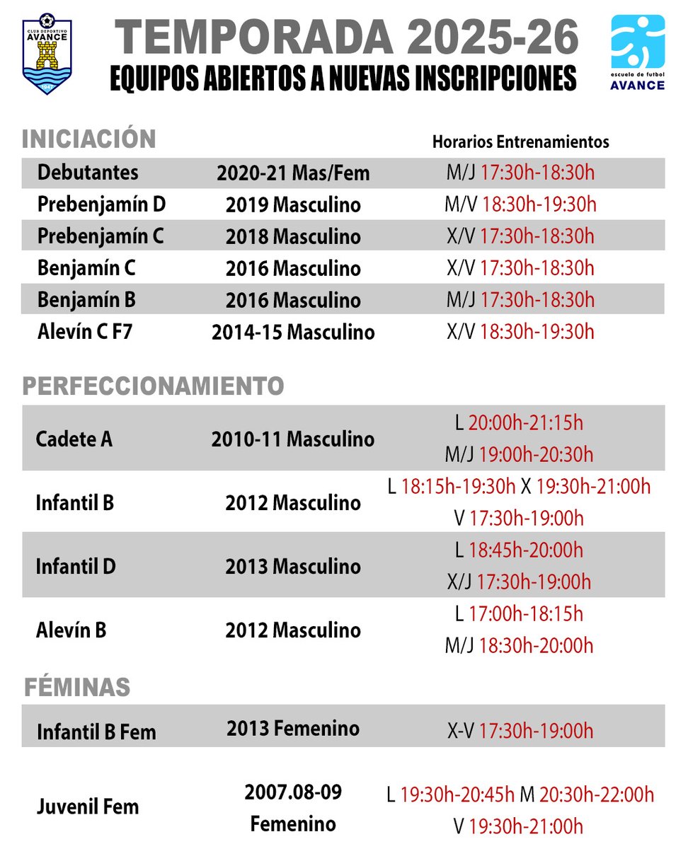 TEMPORADA 2025/26
Equipos abiertos a nuevas inscripciones durante los meses de julio, agosto y septiembre.
⚽️⚽️⚽️
#somosdelavance