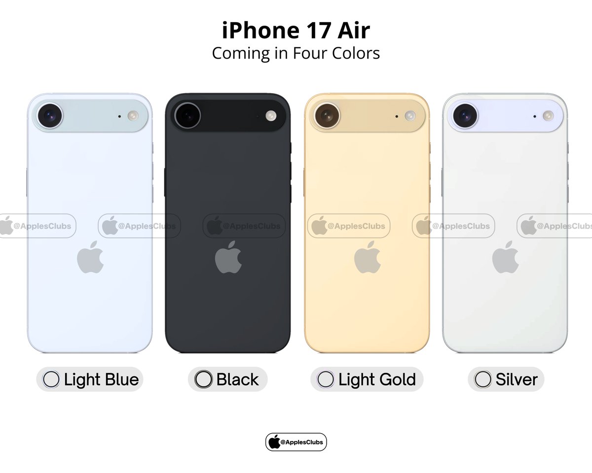 ApplesClubs's tweet photo. The iPhone 17 Air is coming in four stunning colors!

Which one are you picking?
🔘 Light Blue 
⚫ Black
🟡 Light Gold
⚪ Silver https://t.co/ybWnaNw5iB