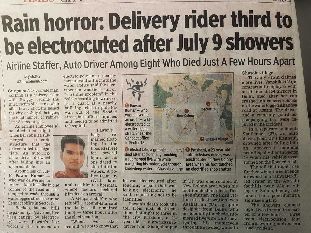 Every time it rains in Delhi NCR, food delivery boys risk their lives navigating flooded streets and exposed electric wires. Apps MUST pause deliveries during rains - especially in Gurgaon - immediately so that more lives are not lost. <a href="/zomato/">zomato</a> <a href="/Swiggy/">Swiggy Food</a>