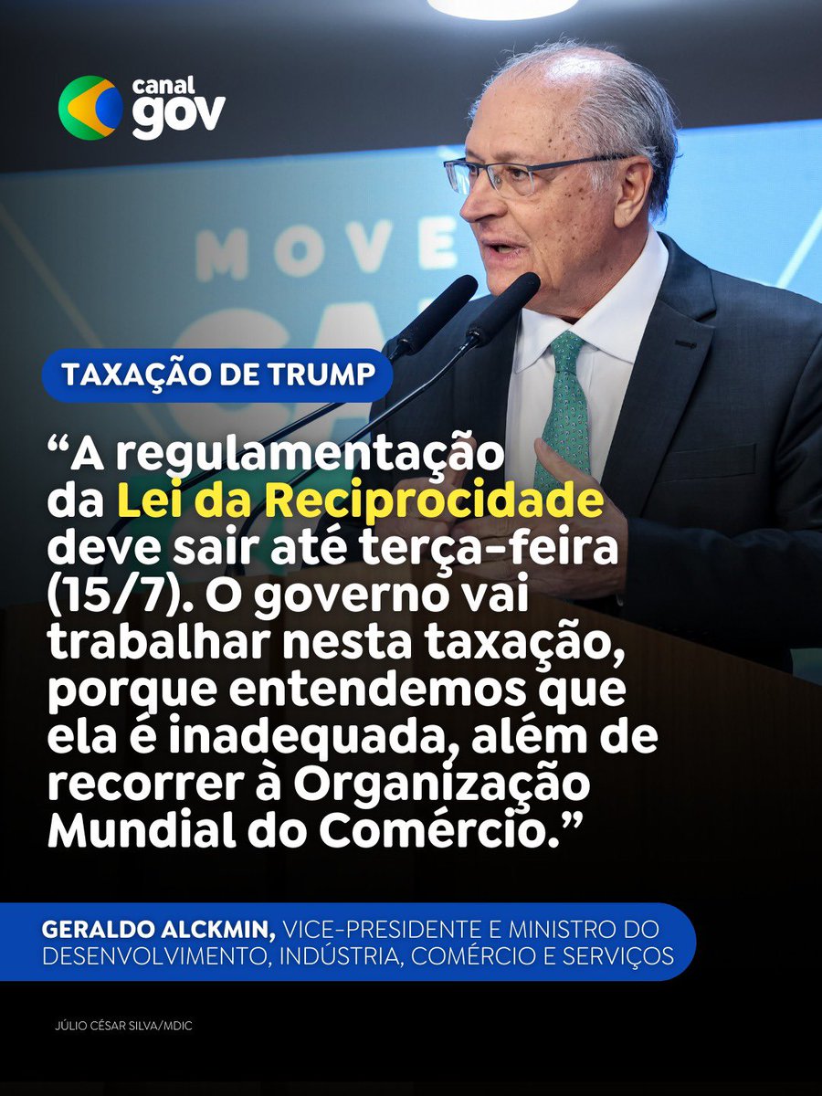 BRASIL ESTÁ PRONTO PARA APLICAR LEI DA RECIPROCIDADE, DIZ ALCKMIN | O vice-presidente e ministro do <a href="/MDICoficial/">MDIC</a>, <a href="/geraldoalckmin/">Geraldo Alckmin 🇧🇷</a>, afirmou que o Brasil está pronto para aplicar a Lei de Reciprocidade Econômica ante à tarifação anunciada por Donald Trump, presidente dos EUA.