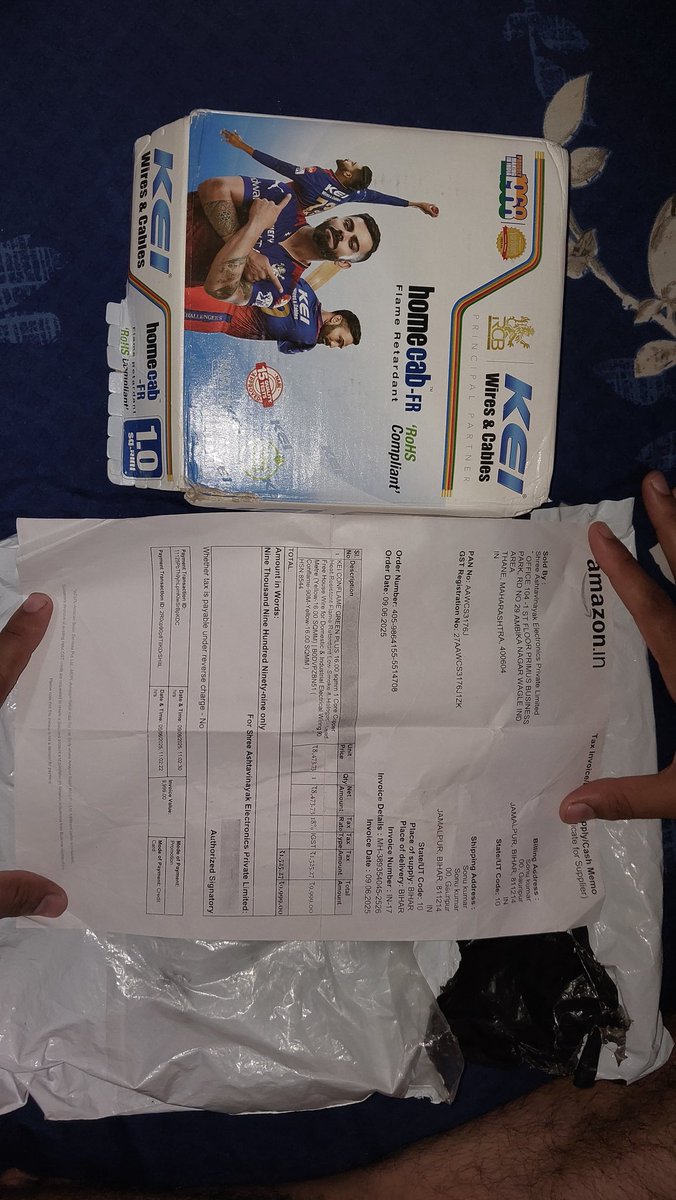 VatsShaileshKu2's tweet photo. @amazonIN
Ordered KEI Conflame 16 sqmm wire worth ₹9,999 but got wrong item (Homecab). Already emailed, waiting for action. Please resolve fast.
Order ID: 405-9864155-5514708
#AmazonIndia #WrongDelivery #ConsumerRights https://t.co/0ifvW4ujnu