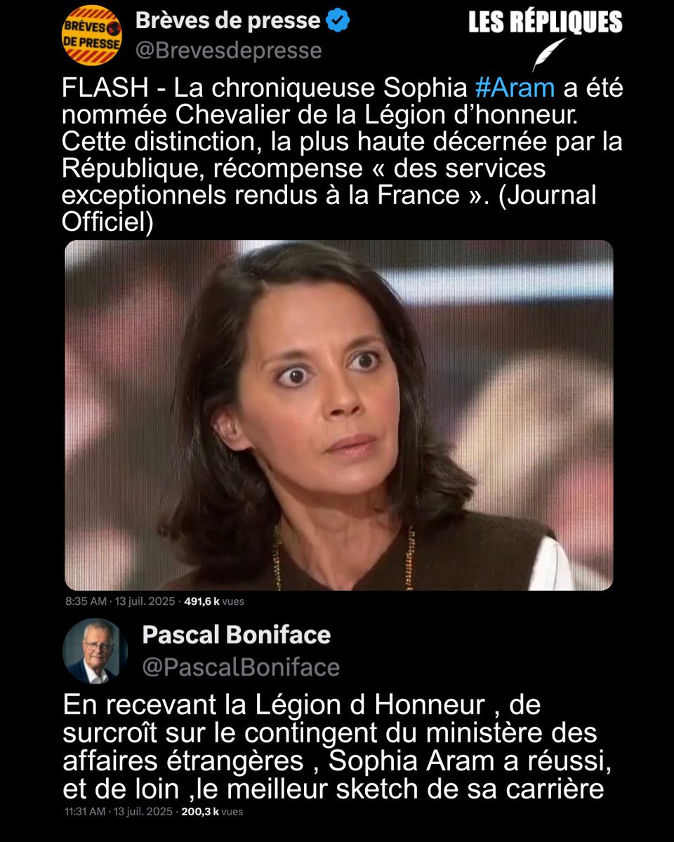 Les Répliques (@les_repliques) on Twitter photo La chroniqueuse et humoriste <a href="/SophiaAram/">sophia aram</a> figure parmi les personnalités qui seront décorées de la Légion d’honneur ce 14 Juillet
<a href="/PascalBoniface/">Pascal Boniface</a> La chroniqueuse et humoriste <a href="/SophiaAram/">sophia aram</a> figure parmi les personnalités qui seront décorées de la Légion d’honneur ce 14 Juillet
<a href="/PascalBoniface/">Pascal Boniface</a>