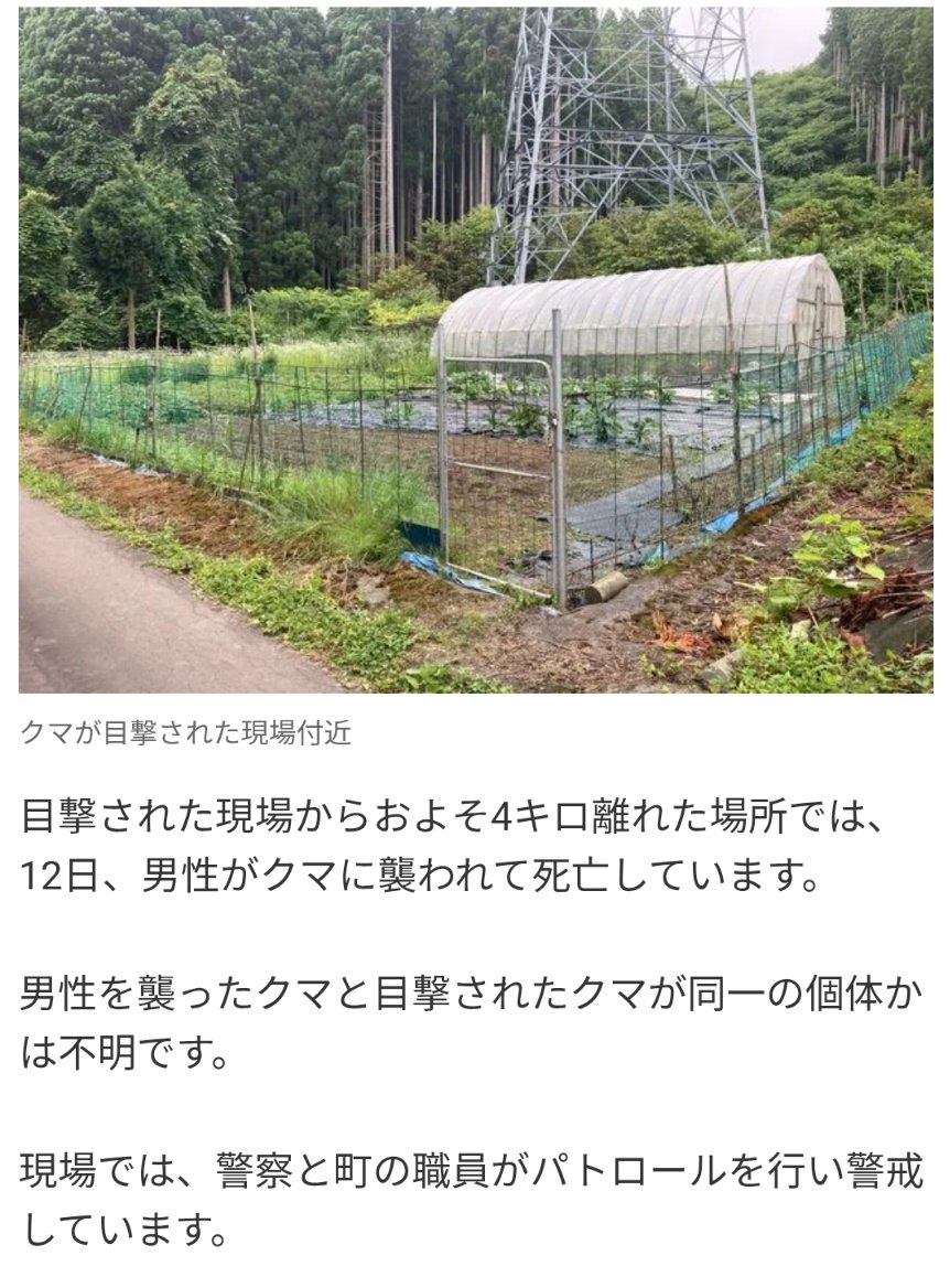 kumamoriBranch's tweet image. どうか気をつけてください
7月13日午前5時ごろ北海道福島町館崎183付近で畑仕事に向かっていた男性がクマ1頭を目撃しました
目撃された現場からおよそ4キロ離れた場所では12日男性がクマに襲われて死亡しています
男性を襲ったクマと目撃されたクマが同一の個体かは不明です
news.yahoo.co.jp/articles/17146…