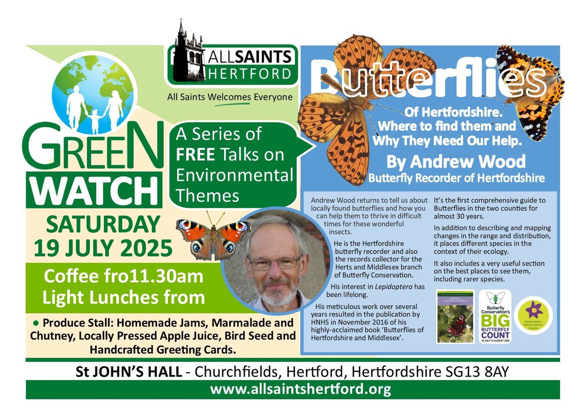 Our next GreenWatch is on Saturday 19th July.  Coffee from 11.30, delicious  lunches from 12.00 noon and free talk by Andrew Wood 'Butterflies of Hertfordshire ' at 13.00.

#AllWelcomeAlways