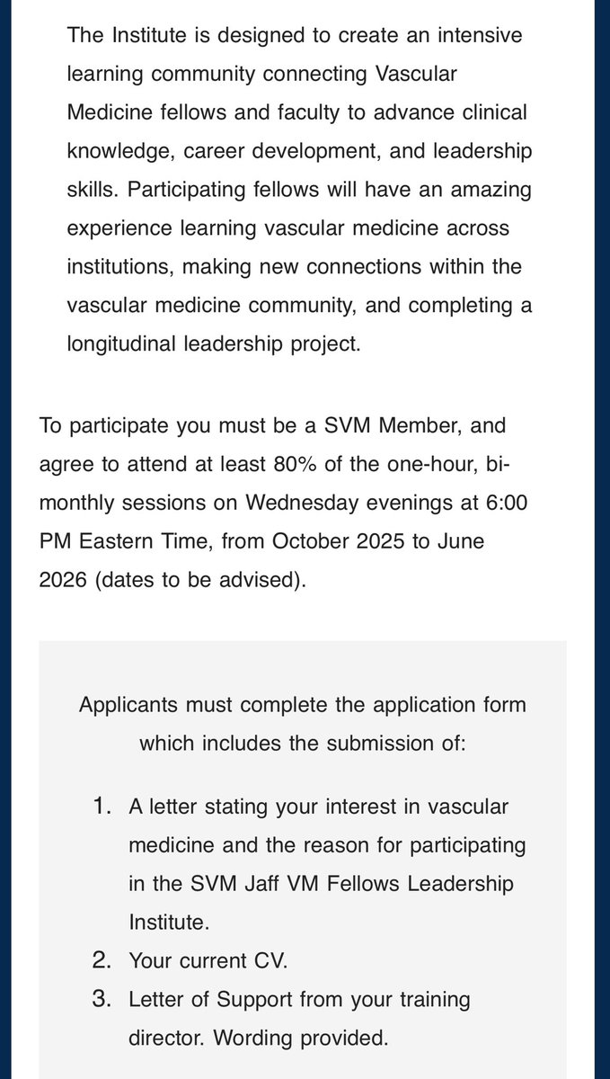 Society for Vascular Medicine | SVM (@svm_tweets) on Twitter photo Deadline alert ‼️🔔 🚨 ‼️
Are you #fellow interested in #vascular #medicine? Last chance to apply to become a #SVM #Jafffellow!
Applications due: July 14
<a href="/docmrjaff/">DR MICHAEL R JAFF</a> <a href="/NaomiHamburg/">Naomi Hamburg</a> <a href="/PagingDrSolomon/">Alexandra Lauren</a> Deadline alert ‼️🔔 🚨 ‼️
Are you #fellow interested in #vascular #medicine? Last chance to apply to become a #SVM #Jafffellow!
Applications due: July 14
<a href="/docmrjaff/">DR MICHAEL R JAFF</a> <a href="/NaomiHamburg/">Naomi Hamburg</a> <a href="/PagingDrSolomon/">Alexandra Lauren</a>