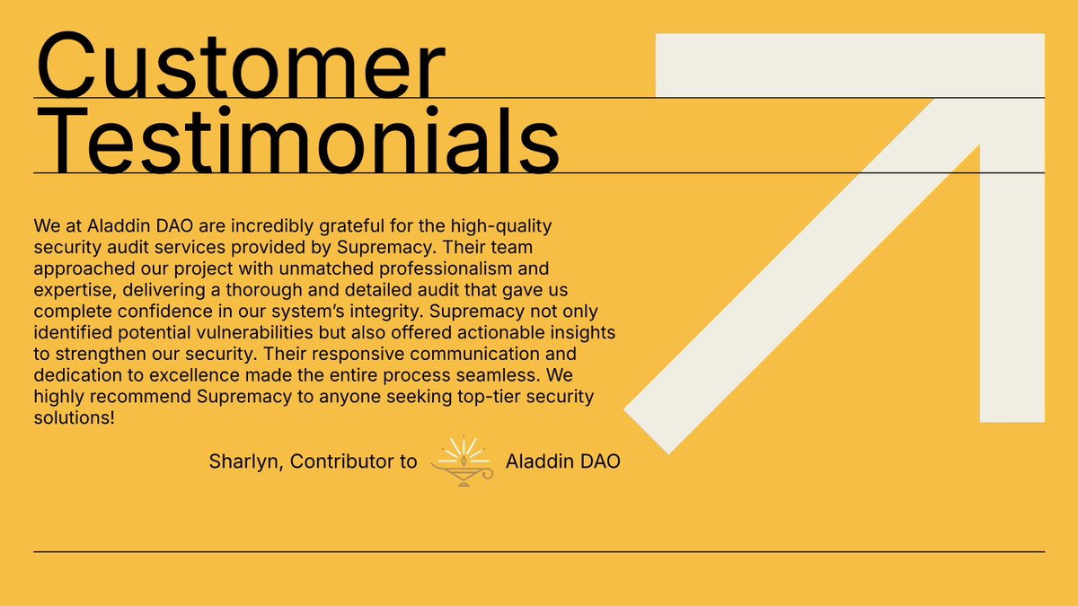 SupremacyHQ's tweet image. Supremacy 🤝 Aladdin DAO
Big thanks to @SharlynWu and @aladdindao for the high praise of @SupremacyHQ’s audit service! Aladdin DAO is a hub for DEFI DEGENS and the builder of stellar protocols like @protocol_fx. Looking forward to continued collaboration!