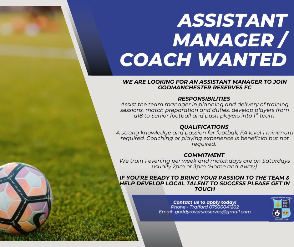 GoddyReservesFC's tweet image. We’re still looking for an assistant to join our team and manager, this is a great opportunity for anyone looking to bring their passion to the game and develop local talent👏🔵⚪️
Please share and get in touch to apply now!
@GoddyRoversFc @HuntsFA @CambsFA @utdcos