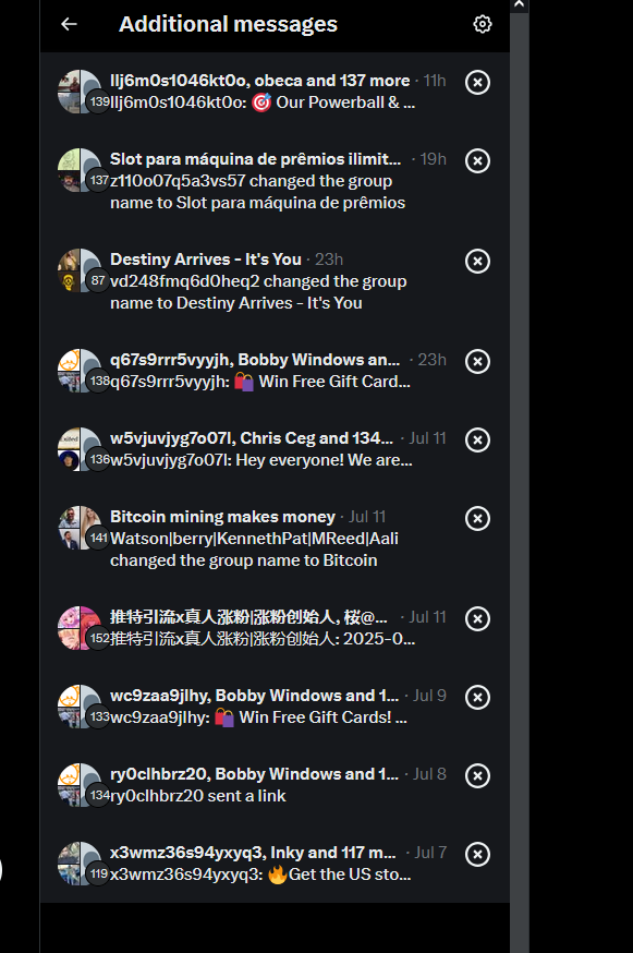 wtf is up with twitter these days, I keep getting spammed with dozens of these random af chats adding me???! :V