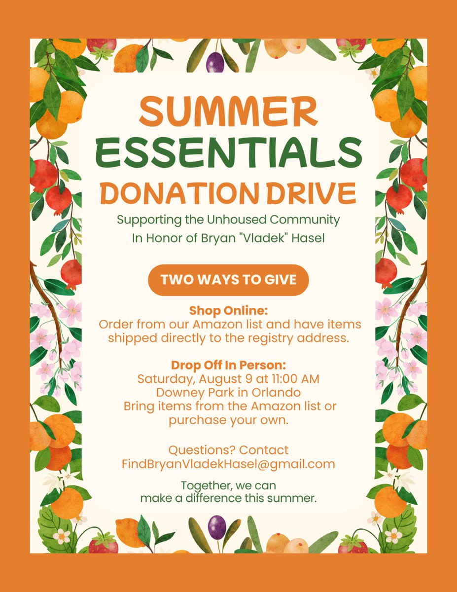 FocusN13's tweet image. We are hosting a Summer Essentials Donation Drive to support the unhoused community in honor of Bryan “Vladek” Hasel, who has been missing from East Orlando, FL since November 2021 — something that was close to his heart.
Before he disappeared, Vladek found purpose in acts of…