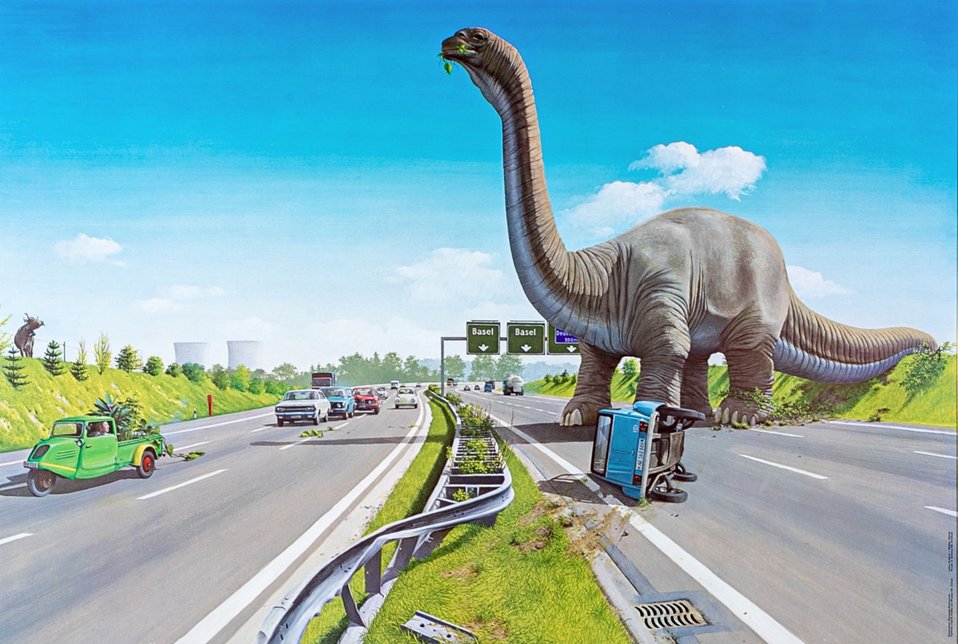 "Dinosaur on the freeway" by Giuseppe Reichmuth, 1980.