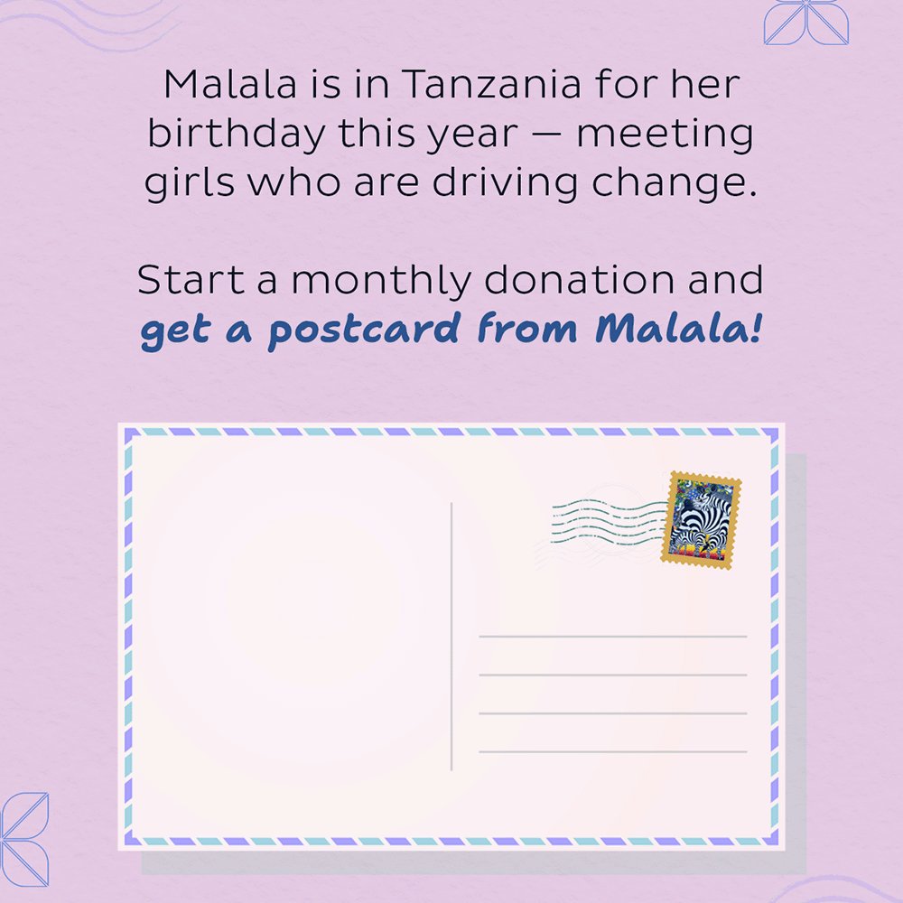 Malala is in Tanzania this week meeting with young women and local leaders driving change for girls' education. 

Start a monthly gift to Malala Fund and as a thank you, receive a digital postcard from Malala! mala.la/monthlygift-X 💙