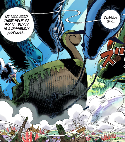 AllBlueTiger's tweet photo. #ONEPIECE1154 The confirmation of renowned shipwrights from Elbaf is very interesting! I've long suspected that Elbaf is the destination of the Sea Kings, who are looking for the people who can repair the Noah. In part because giant ship and shipbuilding wood makes me think of... https://t.co/e2JX35uw4x