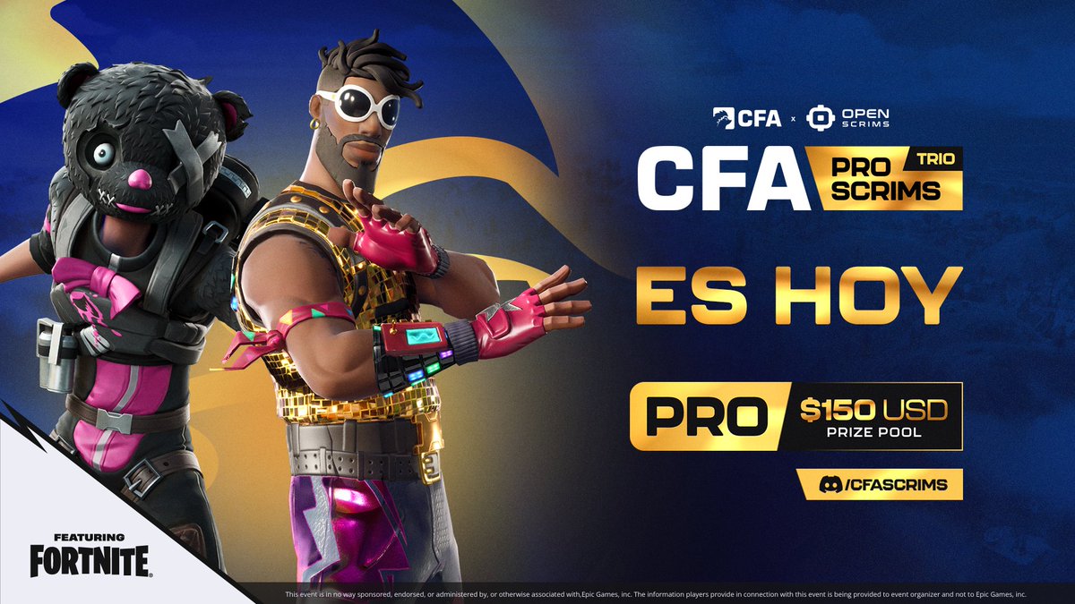 🏆 CFA TRIO PRO SCRIMS 🏆

Hoy se juega la gran final por $150 USD / Hoje é a final valendo $150 USD!

Live 16:00hs
🇦🇷 twitch.tv/gorilon (<a href="/gorilonfn/">HERO GORILON</a>)
🇧🇷 twitch.tv/kennosv (<a href="/Kennosv/">Kenno</a>)
🇨🇱 twitch.tv/vichoo (<a href="/vichooback/">Vichoo</a>)
