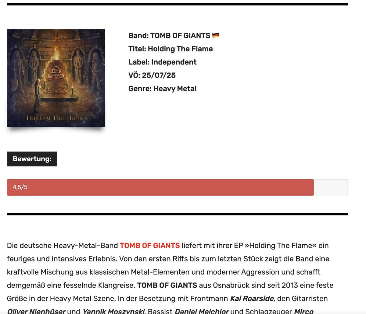 4,5 / 5 for <a href="/tombofgiants/">Tomb of Giants</a> 
➤ "... fiery and intense experience ... blending timeless Heavy Metal roots with modern nuances to create a sound that is both confidently aggressive and nostalgic ... unmistakable old-school charm ... powerful and sophisticated …"
<a href="/brudermet/">Metal Underground</a> 
#metal