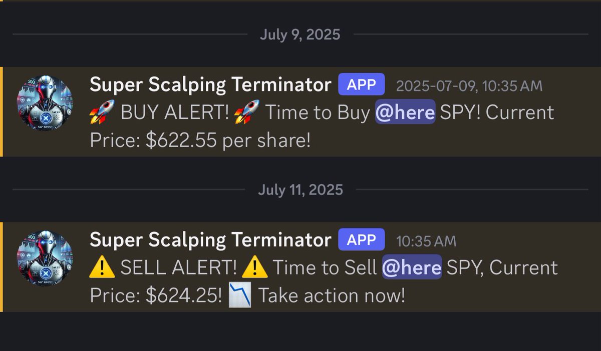 🚨 Join my Discord now!  
We’re dropping real-time alerts powered by proven strategies 💹  

✅ High-conviction KPIs  
📈 Backtested Strategies  
⚡️ Fast. Smart. Data-driven.  

Here’s a taste 👇  
📸  

🚀 Buy Alert: July 9, 10:35 AM  
🟢 $SPY @ $622.55  

🔻 Sell Alert: July