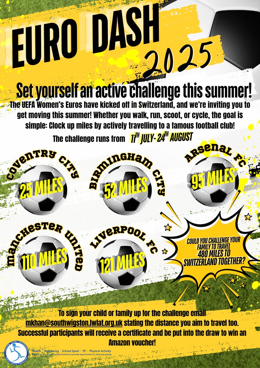 ⚽The Euro Dash challenge is on!!
The UEFA Women’s Euros have kicked off in Switzerland, and we’re inviting you to get moving this summer! The goal is simple, clock up miles by actively travelling to a famous football club!
How many active miles will you travel? Let's go!!