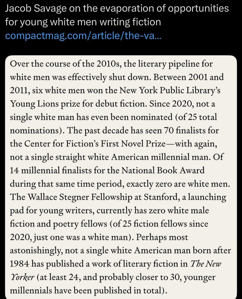 Not a single white man born after 1984 has published a work of literary fiction in The New Yorker. Not a single one.