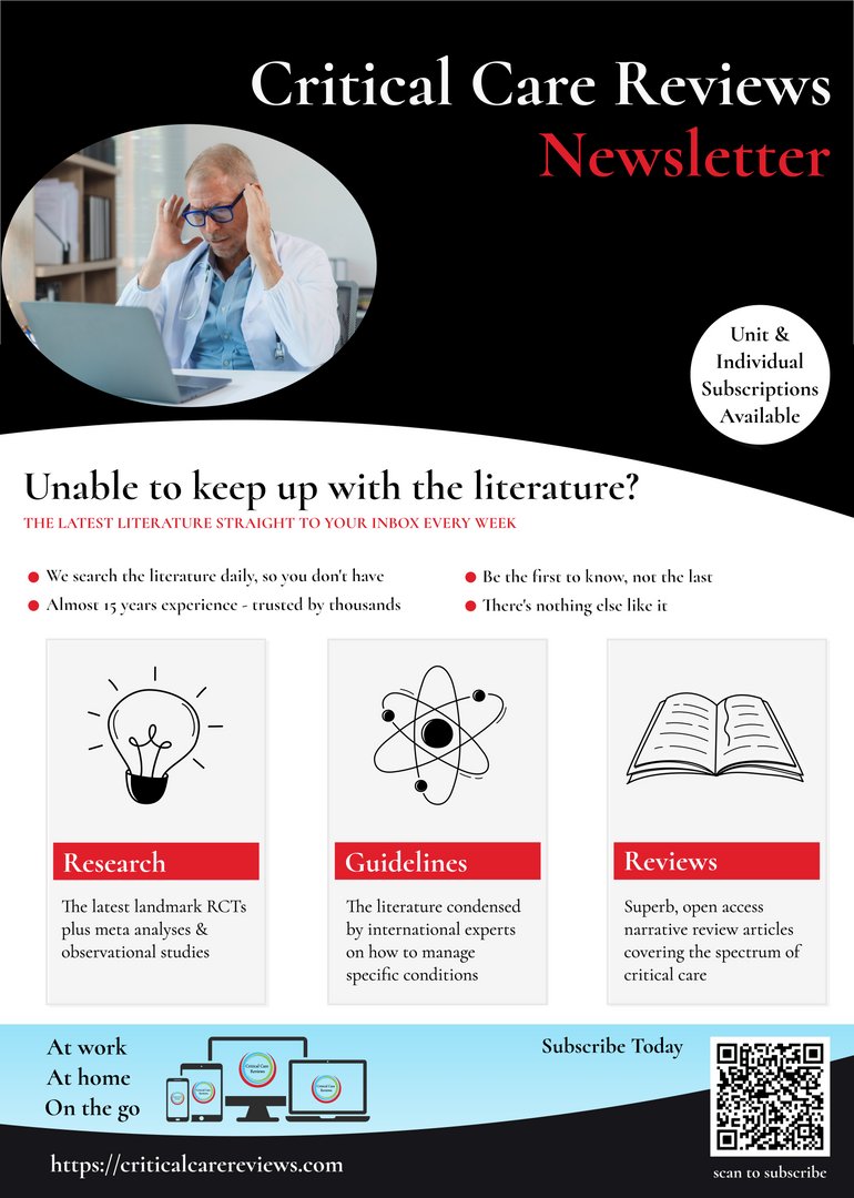 Critical Care Reviews (@critcarereviews) on Twitter photo ➡️ Struggling to keep up with the critical care literature?
➡️ We search it daily & curate the best papers!
➡️ Want it delivered to your inbox each weekend?
➡️ There's nothing else like our newsletter!
Sample issue - criticalcarereviews.com/newsletters/sa…
Subscription - criticalcarereviews.com/newsletters/su… ➡️ Struggling to keep up with the critical care literature?
➡️ We search it daily & curate the best papers!
➡️ Want it delivered to your inbox each weekend?
➡️ There's nothing else like our newsletter!
Sample issue - criticalcarereviews.com/newsletters/sa…
Subscription - criticalcarereviews.com/newsletters/su…