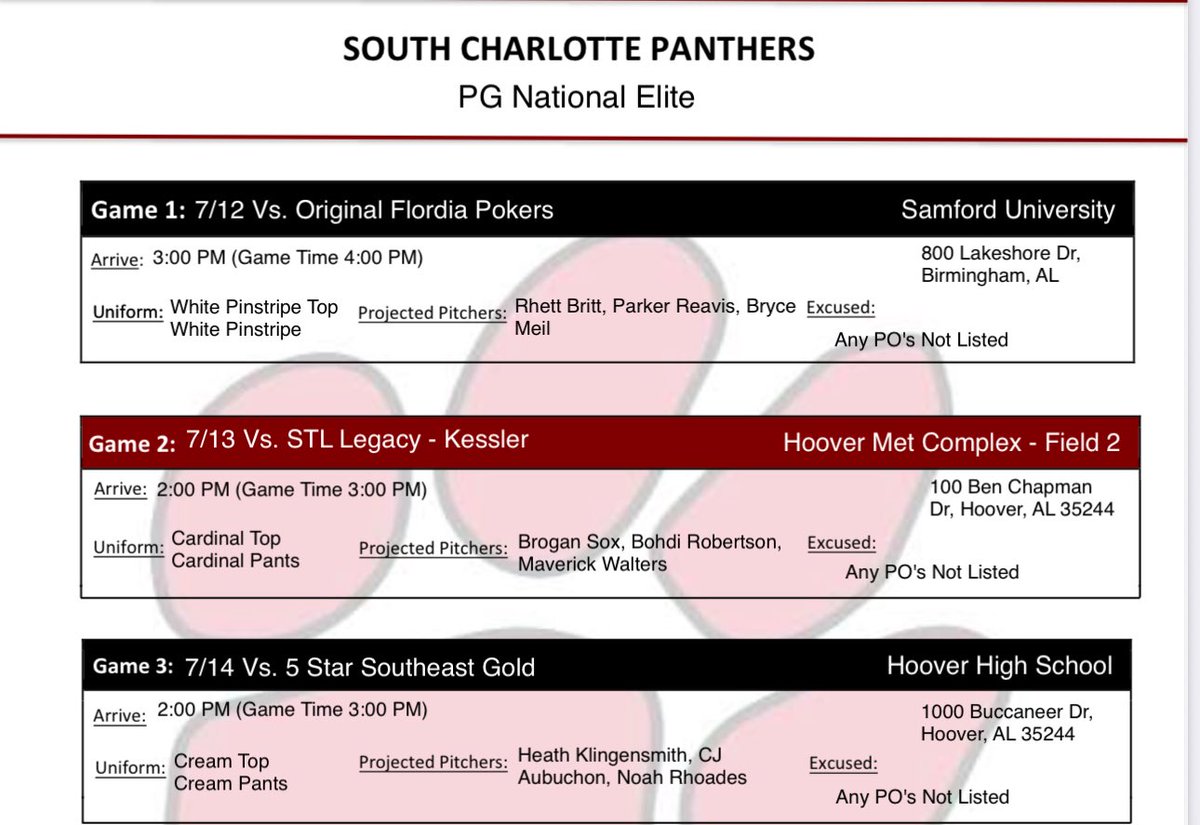 Heath Klingensmith 2026 (@hklingensmith26) on Twitter photo ***Updating to account for time zone***
Scheduled to start for <a href="/PanthersProgram/">Panthers Baseball</a> ‘26 at PG 17u National Elite in Hoover.
Monday, 7/14
3:00pm CT / 4:00pm ET
Hoover High School
1000 Buccaneer Dr
Hoover, AL
<a href="/JRudd_Scout/">Josh Rudd</a>
<a href="/jakerobbins49/">JAKE ROBBINS 🇺🇸</a>
<a href="/gabe_alfaro23/">Gabe Alfaro</a>
<a href="/FlatgroundApp/">FLATGROUND Pitching</a> ***Updating to account for time zone***
Scheduled to start for <a href="/PanthersProgram/">Panthers Baseball</a> ‘26 at PG 17u National Elite in Hoover.
Monday, 7/14
3:00pm CT / 4:00pm ET
Hoover High School
1000 Buccaneer Dr
Hoover, AL
<a href="/JRudd_Scout/">Josh Rudd</a>
<a href="/jakerobbins49/">JAKE ROBBINS 🇺🇸</a>
<a href="/gabe_alfaro23/">Gabe Alfaro</a>
<a href="/FlatgroundApp/">FLATGROUND Pitching</a>