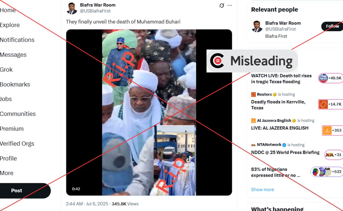 [ICYMI] - The claim that the video shows the burial of President Muhammadu Buhari [<a href="/MBuhari/">Muhammadu Buhari</a> ] is MISLEADING, as findings showed that the video depicts the burial rites of the Katsina governor’s mother.
Read more: factcheckhub.com/viral-video-do…
