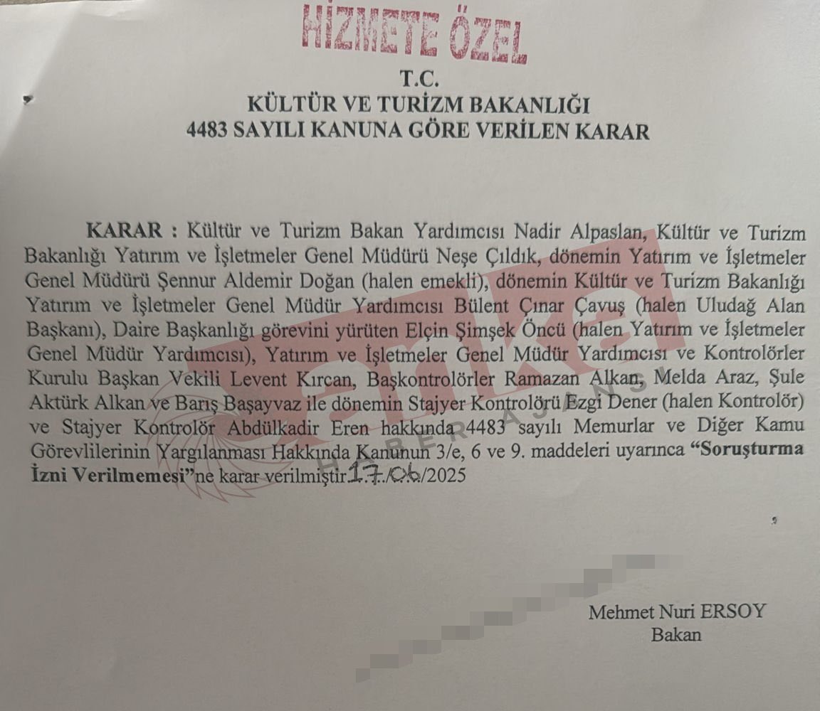 Kültür ve Turizm Bakanı Mehmet Nuri Ersoy’un soruşturma izni talep edilen bürokratlarla ilgili soruşturma izni vermediğine dair karar metni⬇️