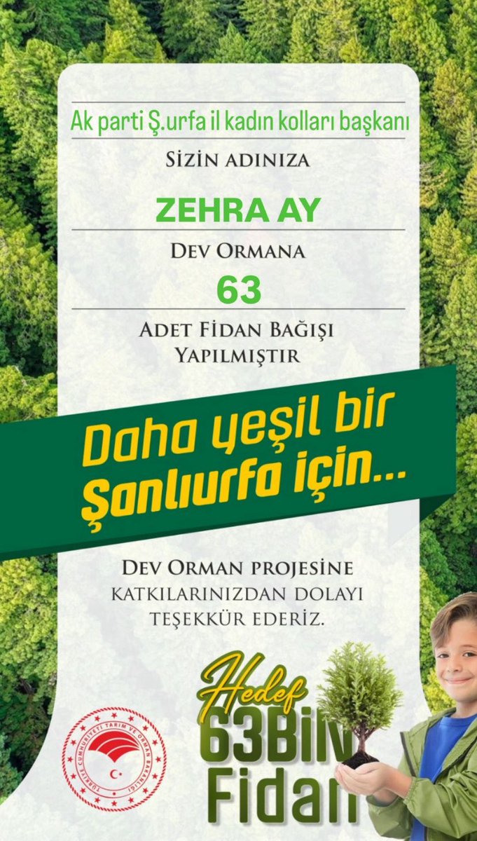 MİMAR CİHAN HENTEŞ (@cihanhentes63) on Twitter photo YEŞİL URFA projesi için 63 adet fidan bağışında bulunan Ak parti Şanlıurfa il kadın kolları başkanımıza teşekür ederiz.
<a href="/ZehraAy0663/">Zehra Ay</a> <a href="/akkadinsanlurfa/">AK Kadın Şanlıurfa</a> <a href="/SaadetAiseoglu/">Saadet Aişeoğlu</a> <a href="/yarenhoca63/">Fatma Yaren Gül</a> <a href="/MatKarahan/">ibrahim karahan</a> <a href="/MehmetDeveciDBA/">Bilg.Müh. Mehmet Salih Deveci</a> YEŞİL URFA projesi için 63 adet fidan bağışında bulunan Ak parti Şanlıurfa il kadın kolları başkanımıza teşekür ederiz.
<a href="/ZehraAy0663/">Zehra Ay</a> <a href="/akkadinsanlurfa/">AK Kadın Şanlıurfa</a> <a href="/SaadetAiseoglu/">Saadet Aişeoğlu</a> <a href="/yarenhoca63/">Fatma Yaren Gül</a> <a href="/MatKarahan/">ibrahim karahan</a> <a href="/MehmetDeveciDBA/">Bilg.Müh. Mehmet Salih Deveci</a>