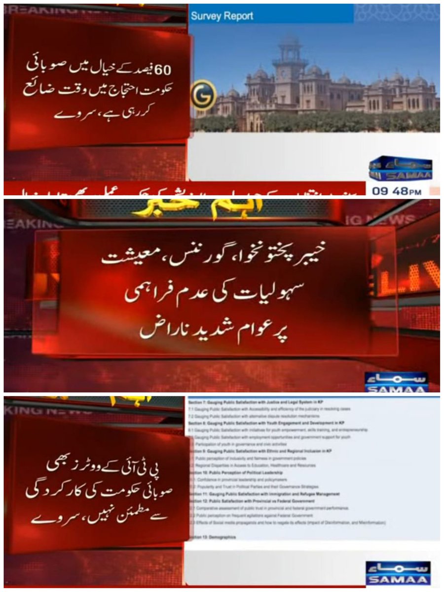 خیبر پختونخوا کے 60 فیصد عوام کا کہنا ہے کہ صوبائی حکومت عوام پر توجہ دینے کی بجائے اپنا وقت احتجاج دھرنوں میں ضائع کر رہی ہے،

خیبر پختونخوا میں گورننس معیشت سہولیات نام کی کوئی چیز نہیں،

سروے میں رائے دینے والوں کی بہت بڑی تعداد پی ٹی آئی ووٹرز کی ہے

گیلپ سروے