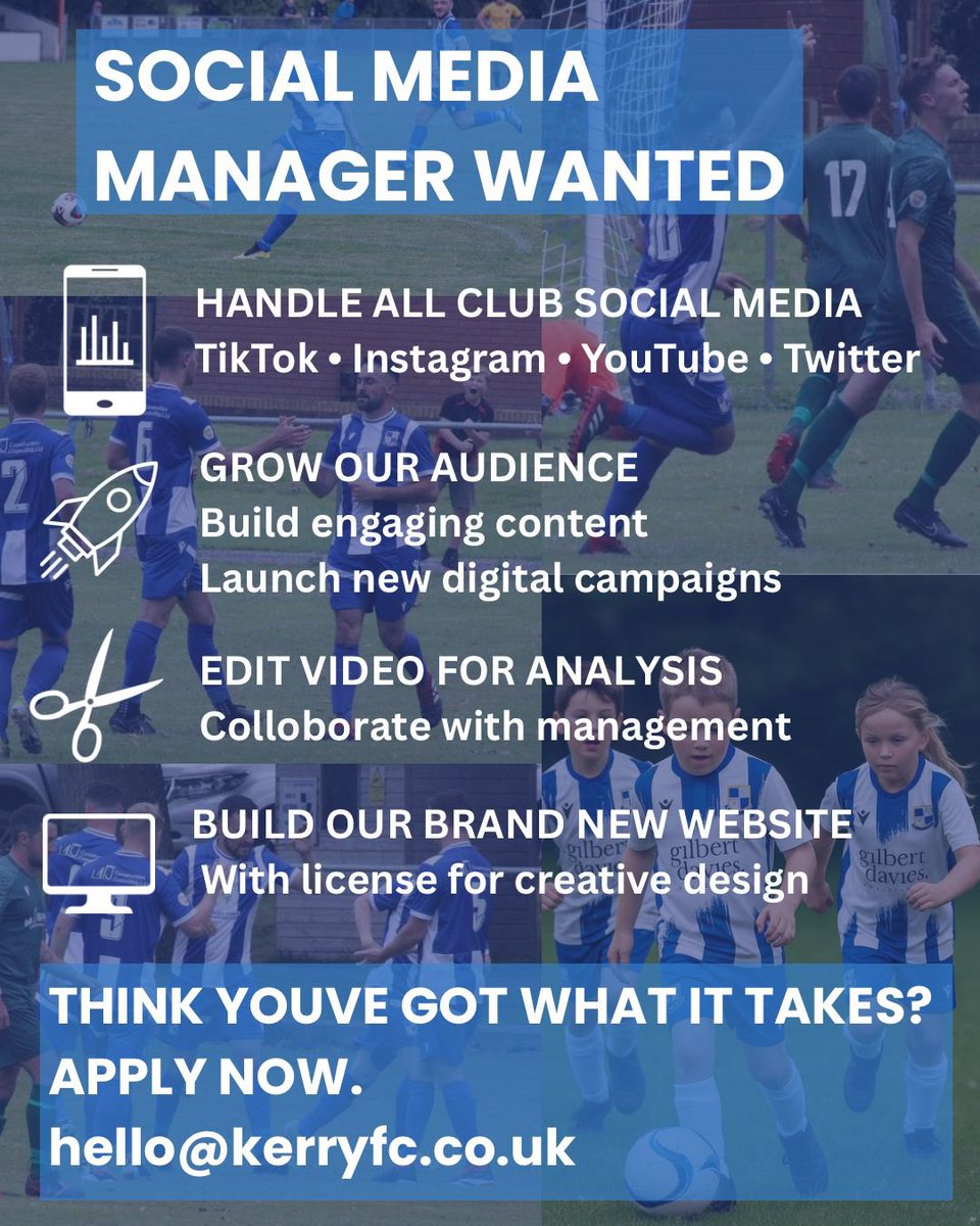 Social media manager wanted! 🔵⚪️

Ideal for anyone looking to gain experience in the world of social media. 

Get in touch via socials or email to discuss all options as we look to progress off the field ahead of the 25/26 season!