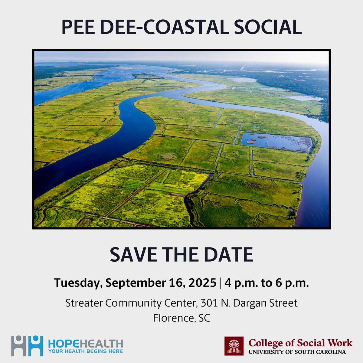 uofsccosw's tweet image. Come see us in Florence for our first Pee Dee-Coastal social and connect with fellow alumni! We'll have light refreshments, casual conversation and good company - Sept. 16 at @HopeHealthCo's Streater Community Center. Save the date - registration is here: bit.ly/40gsDOw