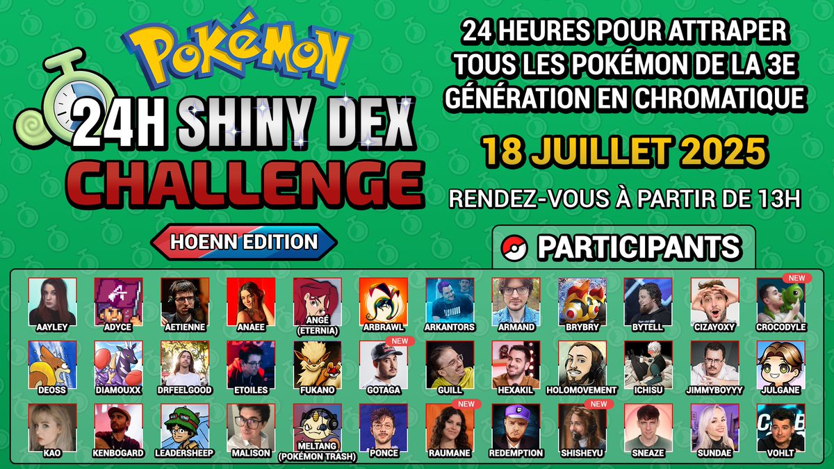 TOO MUCH SHINY, 10/10

✨135 Pokémon Chromatiques
😎 36 Dresseurs
🕒 24 Heures

Pour cette troisième édition du #ShinyDexChallenge, direction HOENN !

Coup d'envoi ce Vendredi 18 Juillet à 13h !