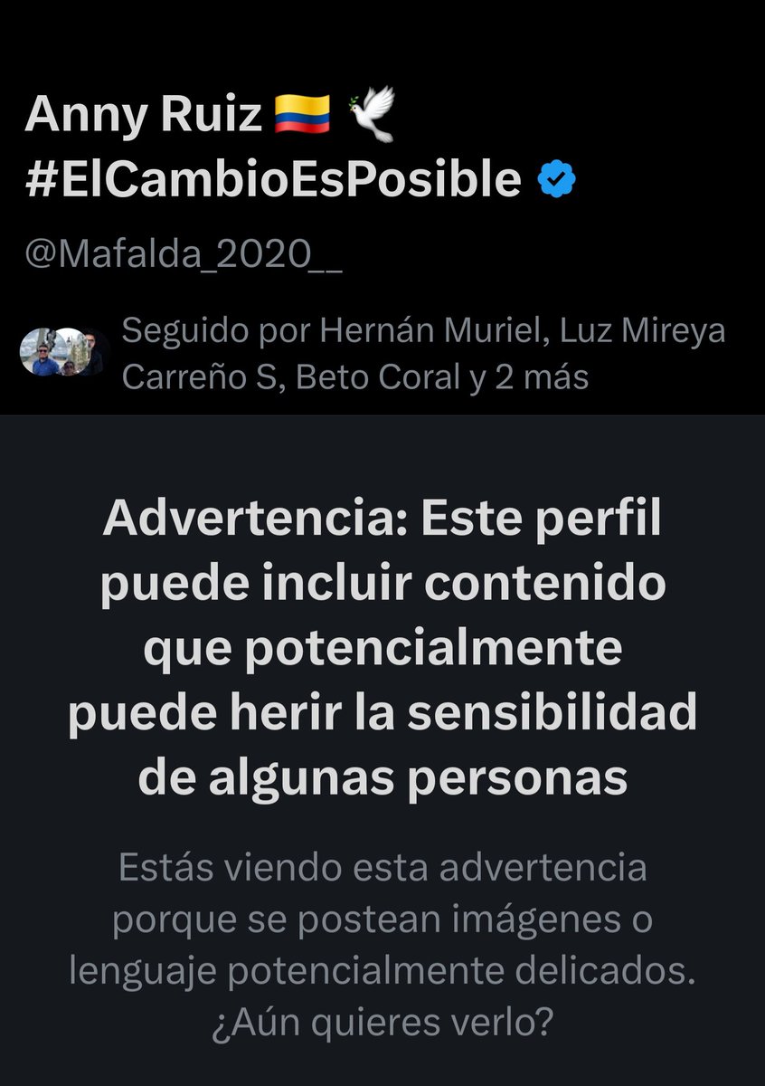 Anny Ruiz 🇨🇴 🕊 #ElCambioEsPosible (@mafalda_2020_) on Twitter photo Atención @x <a href="/Support/">Support</a>
¿En qué momento informar, opinar y denunciar desde una postura política progresista se convirtió en "contenido delicado"?
Mi cuenta aparece con una advertencia como si fuese peligrosa. ¿Peligroso para quién? ¿Para quienes no soportan que se hable de justicia Atención @x <a href="/Support/">Support</a>
¿En qué momento informar, opinar y denunciar desde una postura política progresista se convirtió en "contenido delicado"?
Mi cuenta aparece con una advertencia como si fuese peligrosa. ¿Peligroso para quién? ¿Para quienes no soportan que se hable de justicia