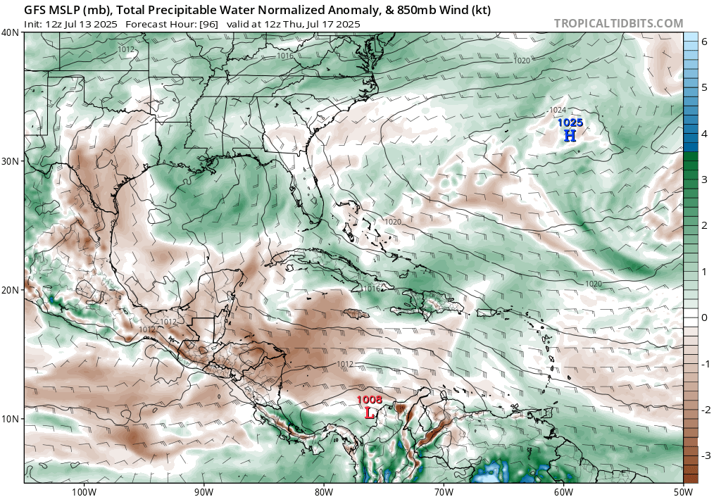 An area of disturbed weather along an old front east of Florida has a chance for some tropical development as it slides into the Gulf early this week. The amount of development will probably depend on how far offshore it stays. With generally favorable upper winds (broad ridge