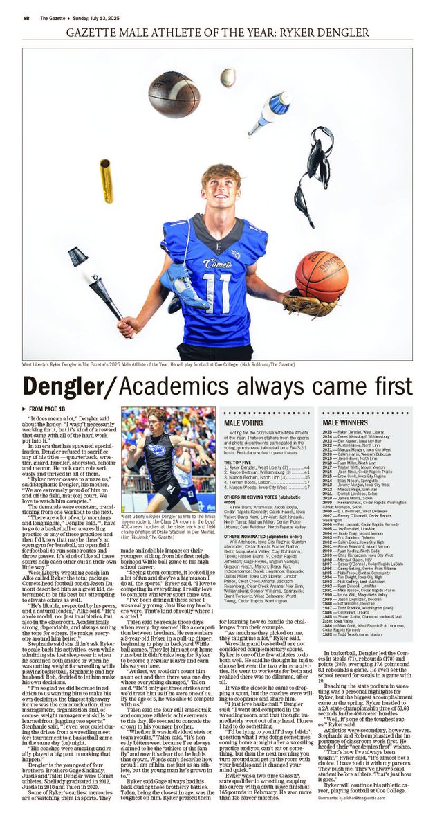 SamPaxton_'s tweet image. #GazetteAOY2025 is in the books. Happy to have a hand in these since 2002, and it&apos;s the best thing @CRGazetteSports does every year. 
✍️@jtlinder and @kjpilcher 
📸Nick Rohlman (@gazettevisuals)
🖥️@notesoflife14
Congrats to @chloe_meester, to @LibbyFandel, and to @DenglerRyker.