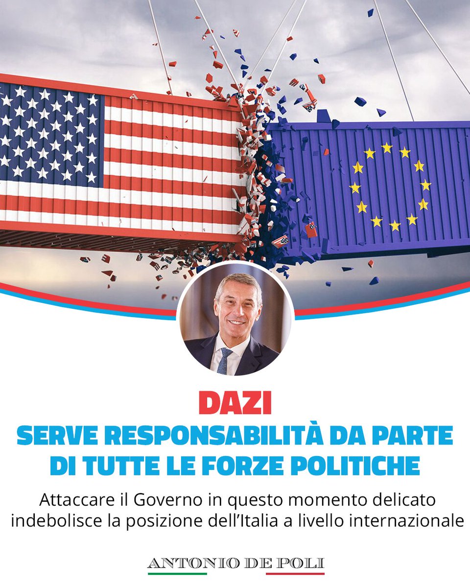 Sui dazi serve responsabilità da parte di tutte le forze politiche: attaccare il Governo in questo momento delicato indebolisce la posizione dell’Italia a livello internazionale. 

È il momento del gioco di squadra, non delle polemiche e delle strumentalizzazioni. Come ha