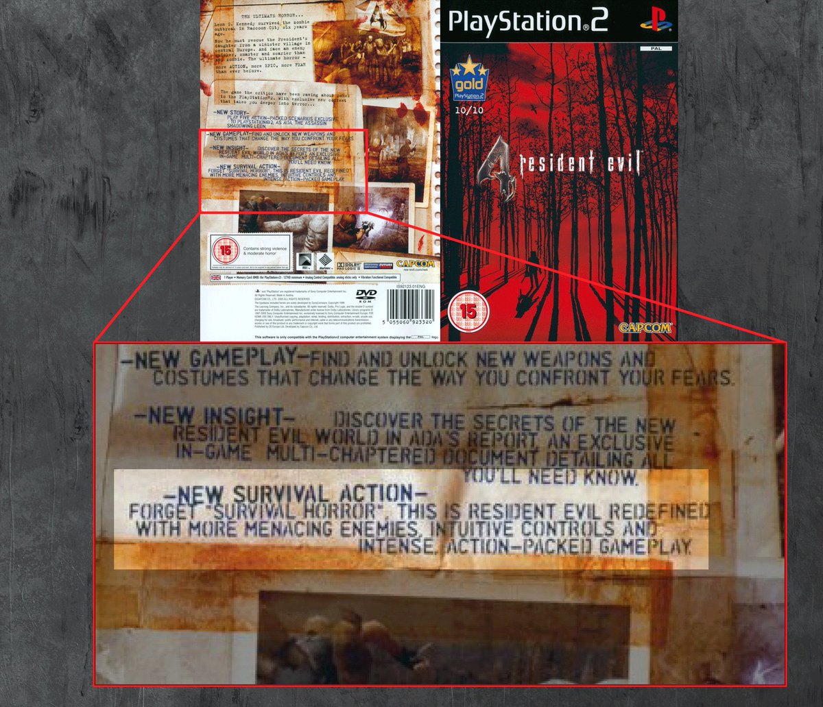 HorrorsSurvival's tweet image. If anyone’s still unsure whether Resident Evil 4 is survival horror or action horror, just look at the back of the box:
-NEW SURVIVAL ACTION-
FORGET "SURVIVAL HORROR"