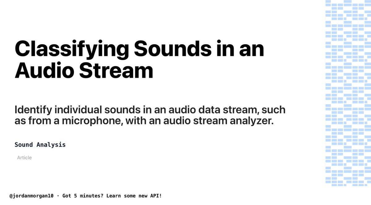 📝Today's technical article is from the Sound Analysis framework 📝

Classifying Sounds in an Audio Stream:
Identify individual sounds in an audio data stream, such as from a microphone, with an audio stream analyzer.

👉developer.apple.com/documentation/…
