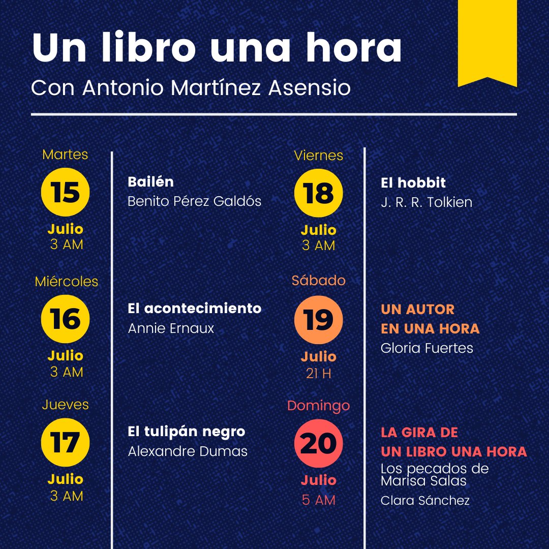 ¡Empieza la temporada de verano! 🏖️

Desde la madrugada del lunes al martes hasta el domingo, tendremos dosis de radio y literatura. 😎

✍️¡Apunta las fechas y no te pierdas nada!