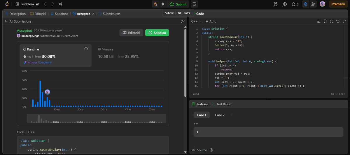 romanrpm097's tweet photo. ✅ Day 55 of #100DaysOfCode
Solved 1 LeetCode challenge today!
🔹 Count and Say (String Construction with Recursion)

Practicing sequence generation and mastering pattern interpretation!
#LeetCode #DSA #ProblemSolving #Recursion #Strings #PatternLogic #vitbhopal #DrGVishwanathan https://t.co/67BWTyqjAi