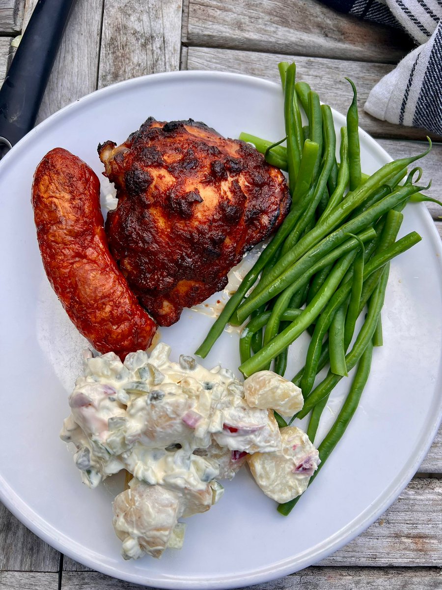 pollo asado, spicy links, double dip potato salad with green beans and a rhubarb dalston soda.
