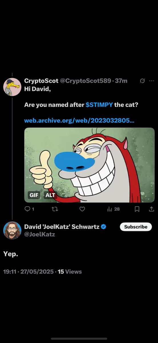 StimpySchwartz's tweet image. Don’t forget, Ripple CTO David Schwartz got his famous alias “Joel Katz” from the iconic show REN & STIMPY.
Stimpson J. Kat later simplified to Joel Katz.
The official Kat token of the XRPL.
Don’t fade the lore, it’s forever.
$STIMPY 🚀🚀🚀