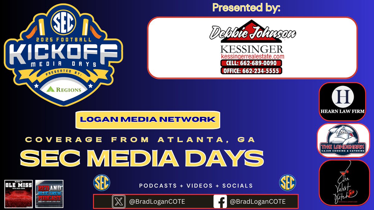 Brad Logan (@bradlogancote) on Twitter photo SEC Media Days 2025 starts tomorrow!
We look forward to bringing you full coverage with Ole Miss in the afternoon window along side Vandy from 1:30-5:20 ET from the <a href="/cfbhall/">College Football Hall of Fame</a> in Atlanta.
Our title and presenting sponsor this year is <a href="/JohnsonDRealtor/">Debbie Aldison Johnson</a> of Kessinger Real Estate. SEC Media Days 2025 starts tomorrow!
We look forward to bringing you full coverage with Ole Miss in the afternoon window along side Vandy from 1:30-5:20 ET from the <a href="/cfbhall/">College Football Hall of Fame</a> in Atlanta.
Our title and presenting sponsor this year is <a href="/JohnsonDRealtor/">Debbie Aldison Johnson</a> of Kessinger Real Estate.