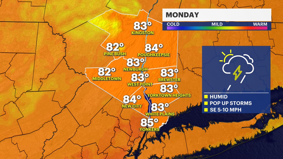 Another steamy &amp; unsettled week for the lower HV:

-⛈️Starting humid and hot with afternoon/nighttime storms on Monday into Tue. AM
-🥵Gradually heating up to feel-like 100° by late week
-🌂Daily rain chances once more

Forecast: news12.com/weather
#nywx