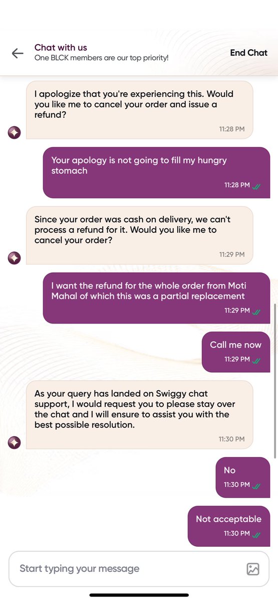 agsargam's tweet photo. Then he goes on to say that he is going to cancel my order with no offer of compensation but keeps apologising! What's the apology going to do? Feed me!?????? @Swiggy @SwiggyCares https://t.co/qjHTDB1wkn