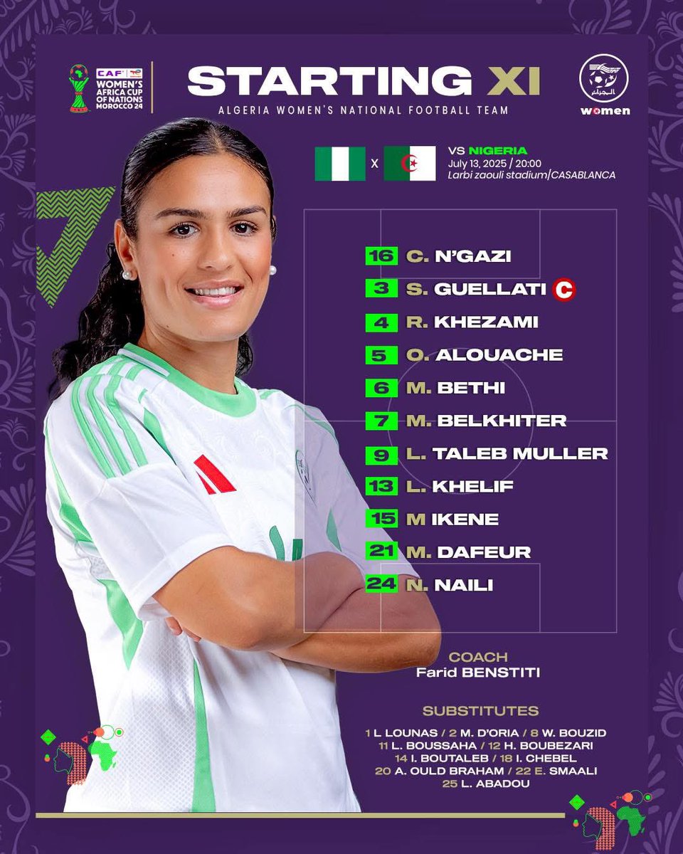 Les Vertes d’Algérie (@lvertesdalgerie) on Twitter photo 📋 Le XI des guerrières | التشكيلة الأساسية لمحاربات الصحراء 🦸♀️
<a href="/FAFAlgeria/">Fédération Algérienne de Football</a> <a href="/CAFwomen/">CAF Women’s Football</a> #WAFCON2024
#NGAvsALG | #LesVertes | #123vivalAlgérie🇩🇿 📋 Le XI des guerrières | التشكيلة الأساسية لمحاربات الصحراء 🦸♀️
<a href="/FAFAlgeria/">Fédération Algérienne de Football</a> <a href="/CAFwomen/">CAF Women’s Football</a> #WAFCON2024
#NGAvsALG | #LesVertes | #123vivalAlgérie🇩🇿