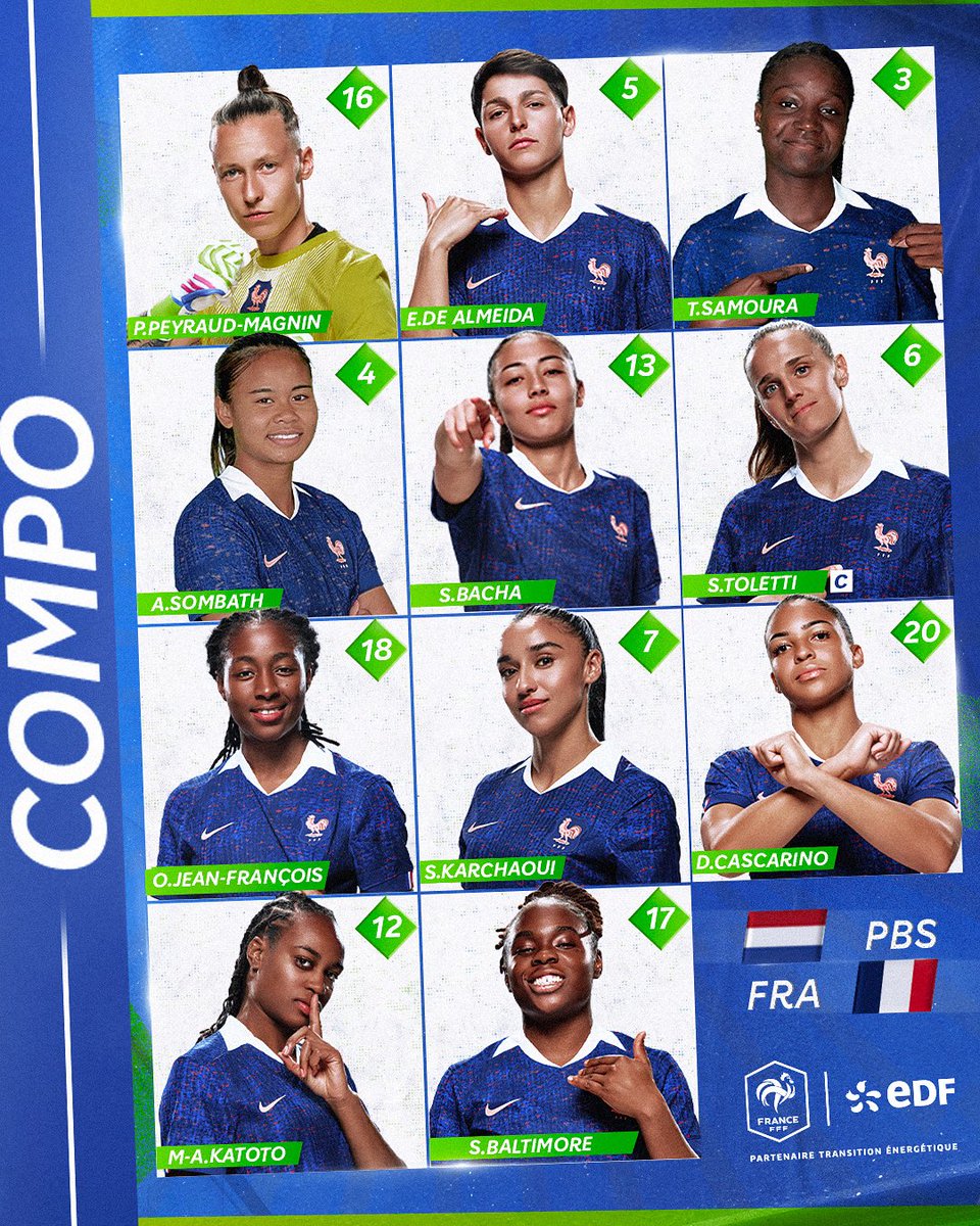 EDF_Foot's tweet image. 3ème et dernier match de poule pour nos Bleues, voici 𝗹𝗮 𝗰𝗼𝗺𝗽𝗼𝘀𝗶𝘁𝗶𝗼𝗻 𝗱𝗲 𝗹’𝗘́𝗾𝘂𝗶𝗽𝗲 𝗱𝗲 𝗙𝗿𝗮𝗻𝗰𝗲 𝗽𝗼𝘂𝗿 𝗮𝗳𝗳𝗿𝗼𝗻𝘁𝗲𝗿 𝗹𝗲𝘀 𝗣𝗮𝘆𝘀-𝗕𝗮𝘀 🇳🇱⚔️🇫🇷
#EDFFoot #PBSFRA #DLDDec